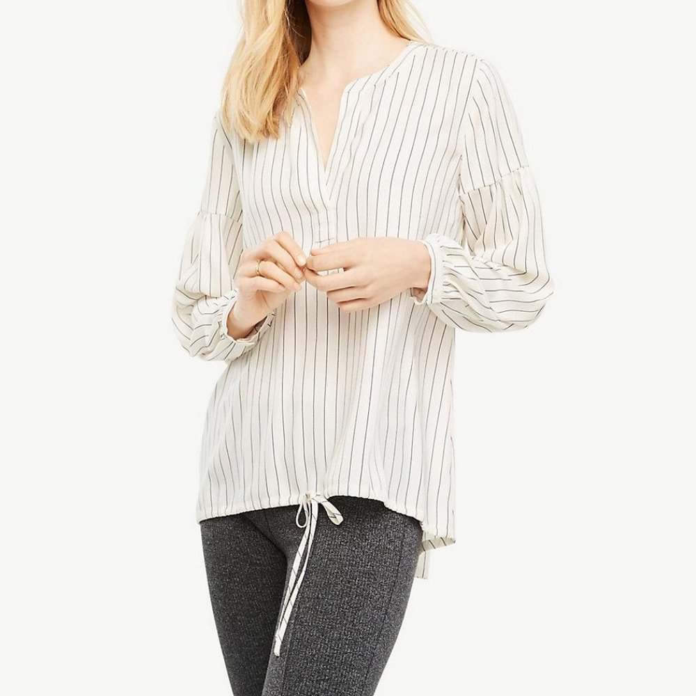 Ann Taylor Striped Split Neck Drawstring Top EUC